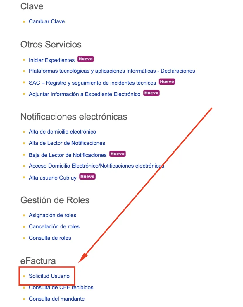 Menú eFactura Solicitud Usuario
